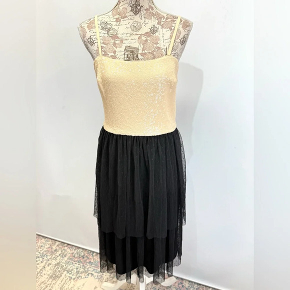 DRESS THE POPULATION Cream sequin KADY w/black tulle skirt cocktail dress size L - Picture 7 of 13